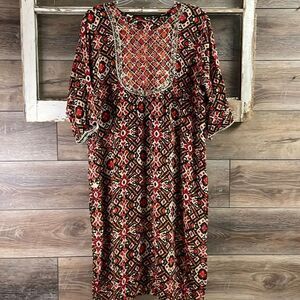 JMD Kaftan Tunic Dress Sequined Metallic Trim Southwestern Print Red Black Tan